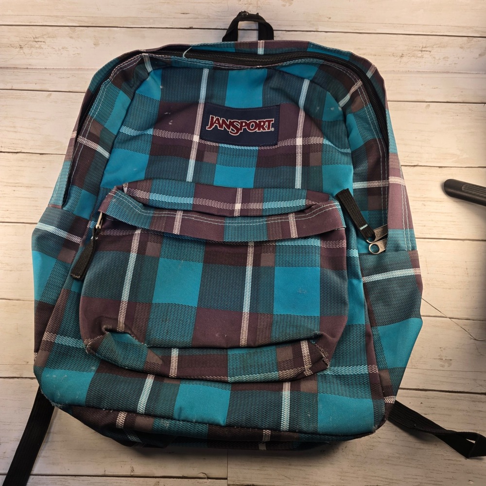 Jansport SuperBreak Backpack Teal Blue Purple Plaid Checkered School Bag T501